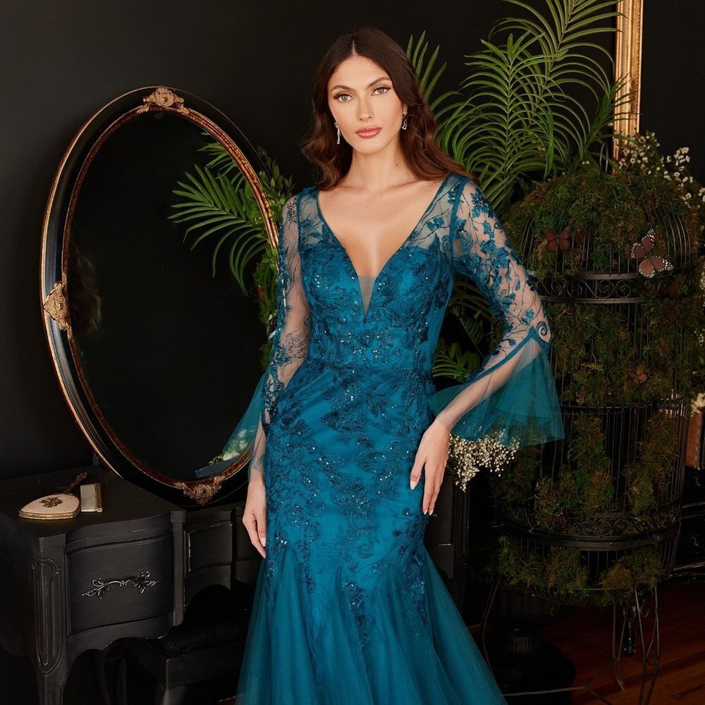 NEW FLOOR LENGTH MERMAID TULLE DRESS EMBROIDERED WITH LACE AND SEQUINS CD CM327